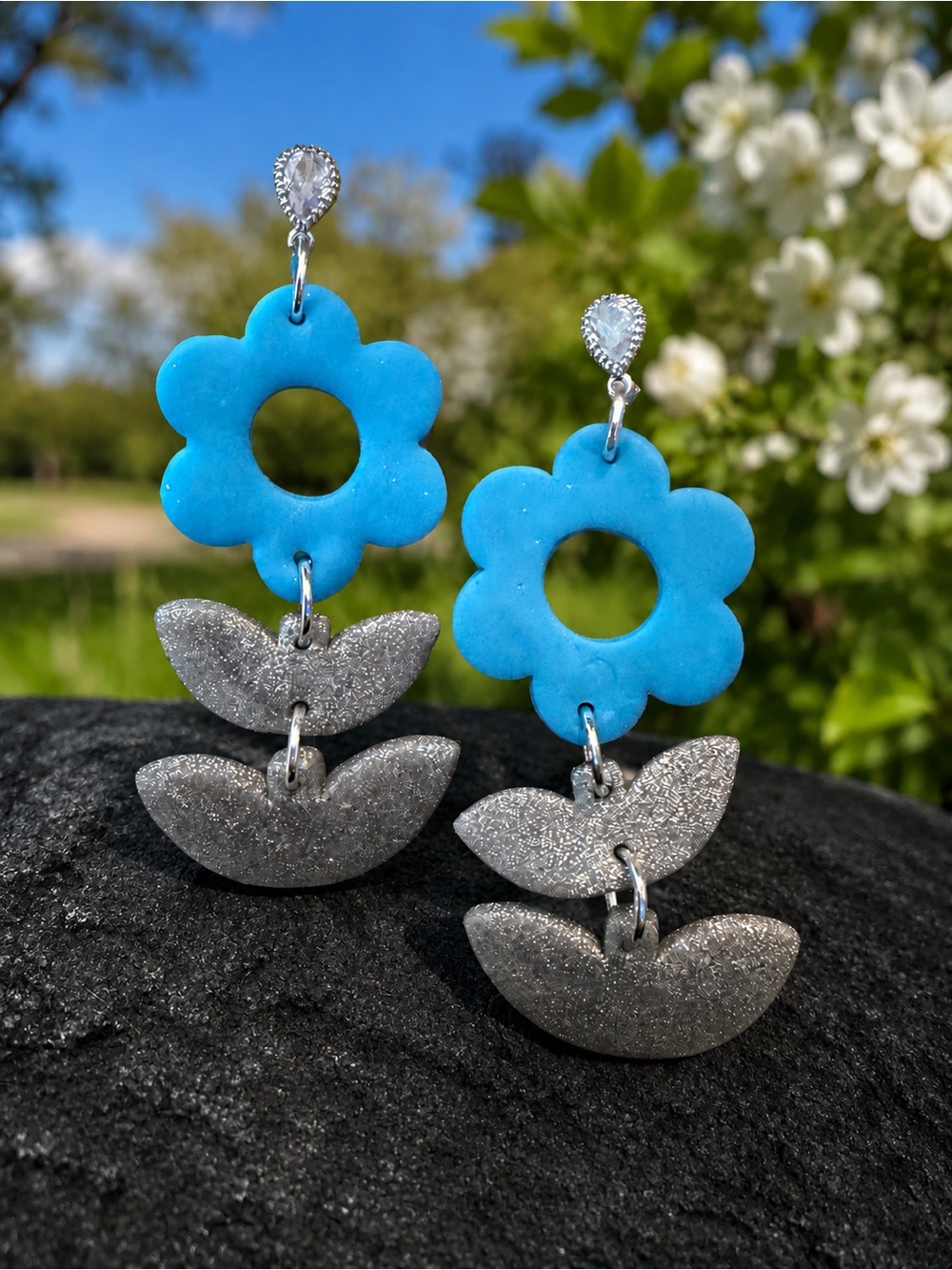 Turquoise Flower & Silver Dangle Handmade Polymer Clay Earrings
